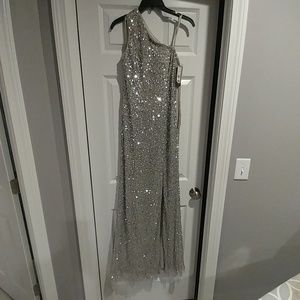 Adrianna Papell Silver One Shoulder Sequin Gown